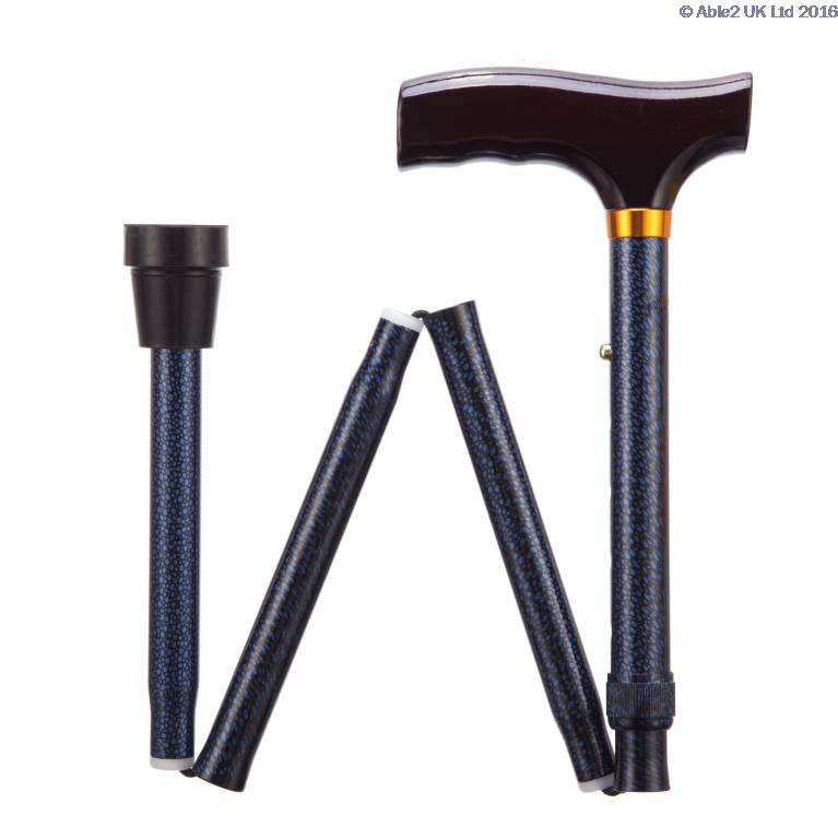A foldable walking stick with a black handle and blue patterned shaft, shown partially disassembled into four segments.