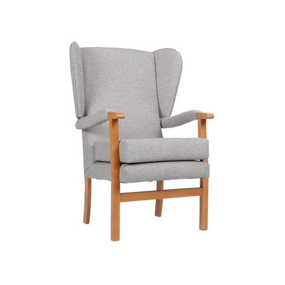 A grey upholstered wingback armchair with wooden legs and armrests, shown against a white background.