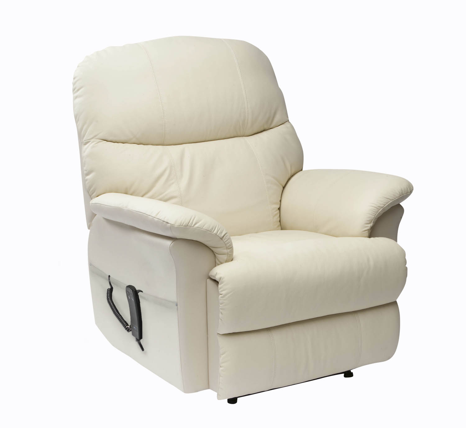 A beige reclining armchair with padded armrests and backrest, featuring a side lever for reclining, set against a plain white background.