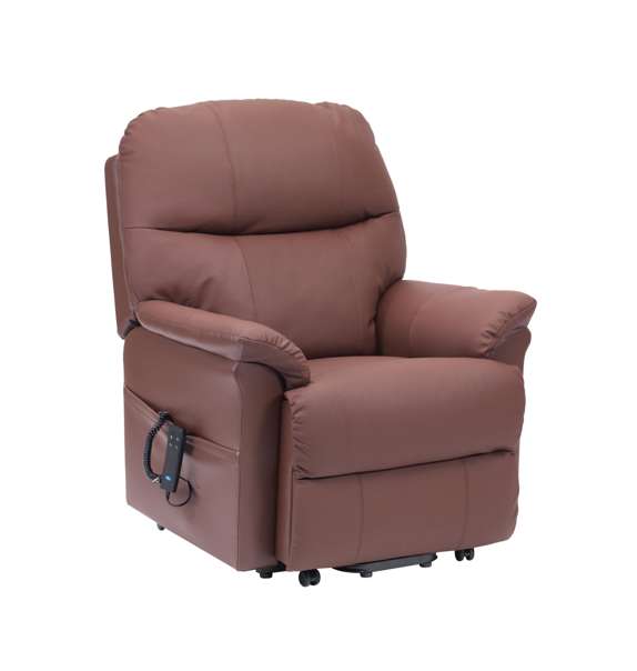 Brown leather reclining armchair with padded back and arms, equipped with a wired remote control attached to the side pocket, placed against a plain white background.