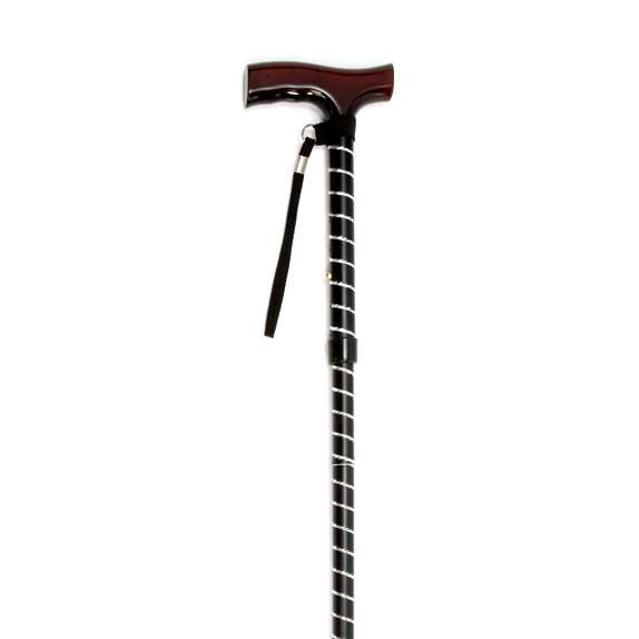 A black walking stick with a curved wooden handle, a wrist strap, and a silver spiral pattern along the shaft.