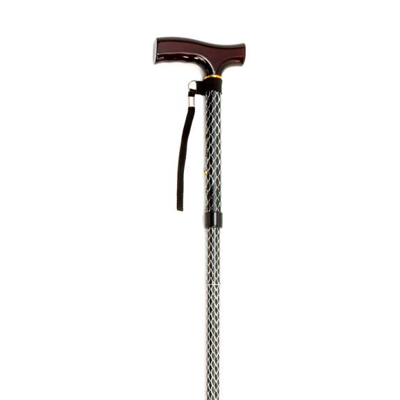A metal walking stick with a dark curved handle, a wrist strap, and a patterned shaft, shown on a white background.
