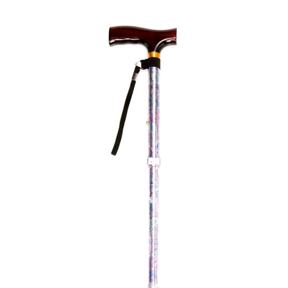 A metal walking stick with a dark wooden handle and a black wrist strap, shown against a white background.