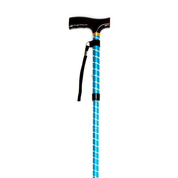 A walking stick with a turquoise shaft featuring a white spiral pattern, a dark brown T-shaped handle, gold collar, and black wrist strap.
