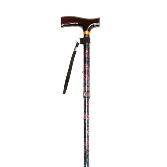Collapsible walking stick with a patterned shaft, wrist strap, and a dark-coloured ergonomic handle.