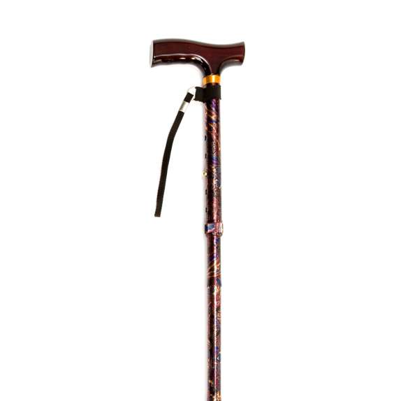 Adjustable walking stick with a dark brown handle, wrist strap, and a patterned shaft, shown against a white background.