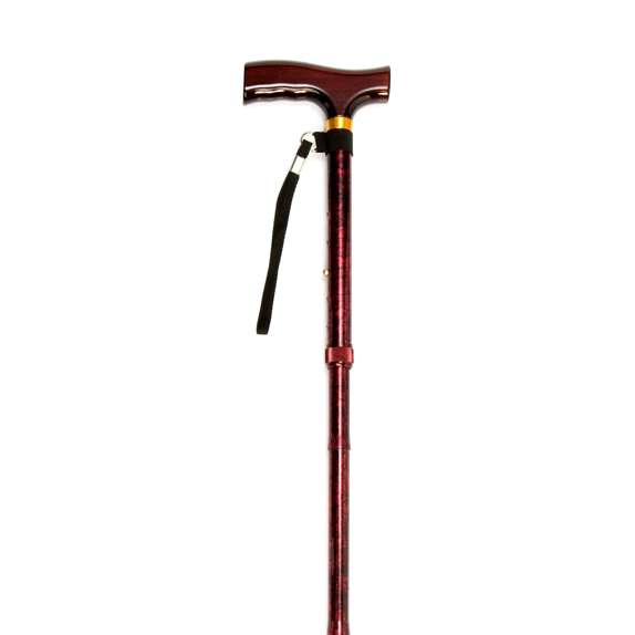 A maroon adjustable walking stick with a T-shaped handle and a black wrist strap, photographed against a white background.