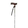 A silver adjustable walking stick with a dark brown handle and a black wrist strap, shown against a white background.