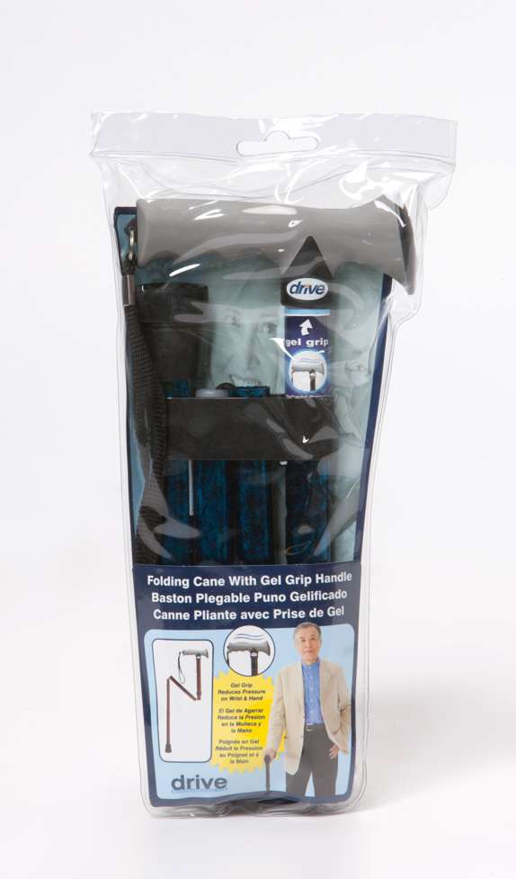 A Drive-brand folding walking stick with gel grip handle in blue packaging, shown against a white background.
