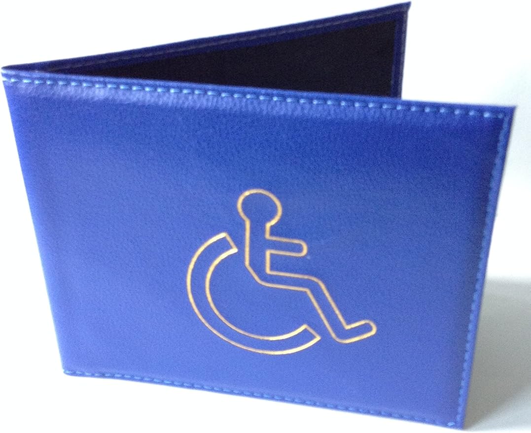 A blue wallet featuring a gold-outline wheelchair accessibility symbol on the front.