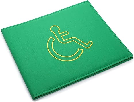 A green wallet with a yellow wheelchair accessibility symbol on the front.