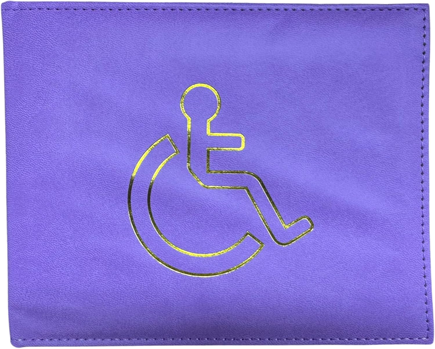 A purple wallet with a gold-coloured wheelchair accessibility symbol on the front.