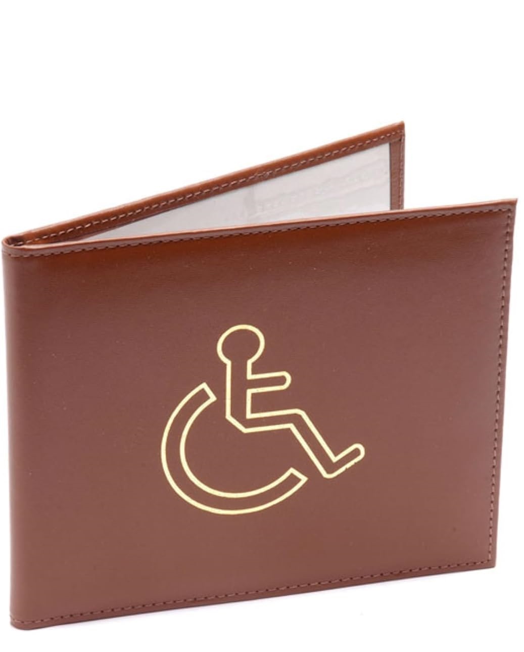 A brown wallet with a gold accessibility symbol featuring a person in a wheelchair on the front.