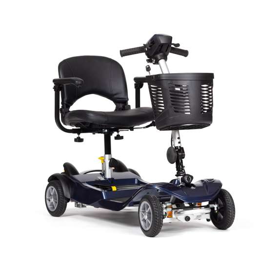 A four-wheel mobility scooter with a black seat, armrests, handlebars, and a front basket on a white background.