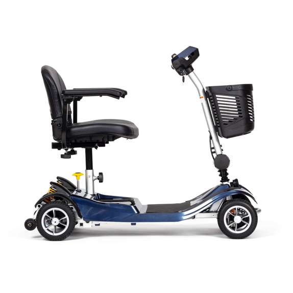 A blue and silver four-wheeled mobility scooter with a black padded seat, armrests, handlebar controls, and a front storage basket.