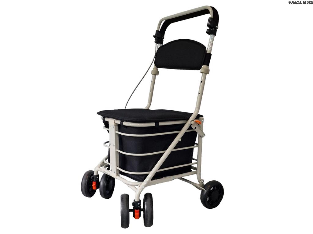 A four-wheeled mobility walking frame with a padded seat, handlebars, and a storage basket underneath.