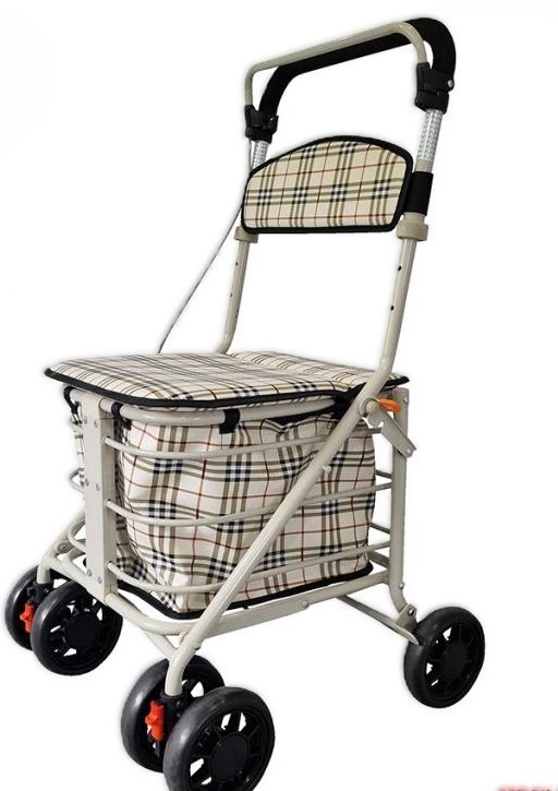 A tartan-patterned adult rollator with four wheels, a padded seat, a storage compartment, and handles.
