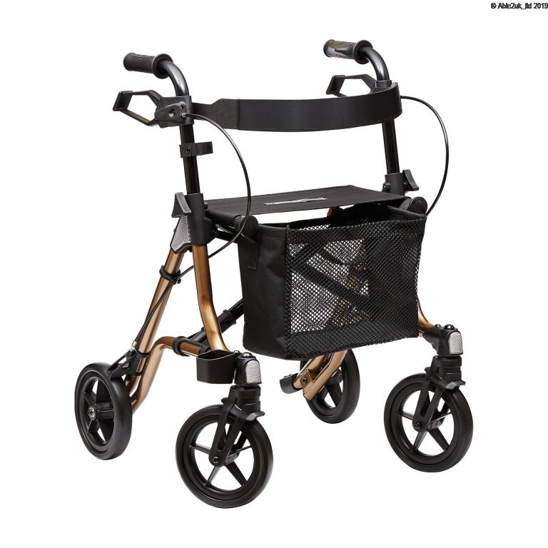 A four-wheeled rollator walker with hand brakes, a mesh storage basket, and a black seat.