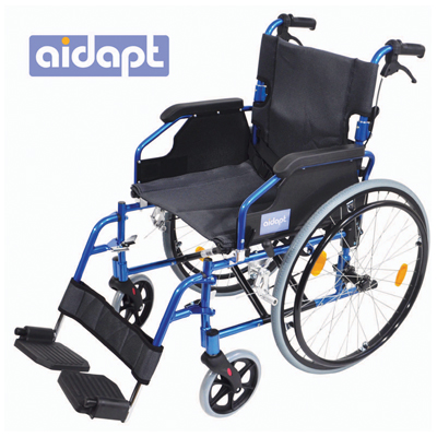 A blue and black manual wheelchair with footrests, featuring the Aidapt logo on the side and in the top left corner.