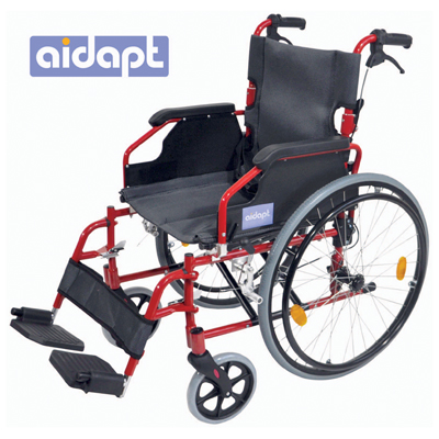 A lightweight manual wheelchair with a red frame, black seat, footrests, and the Aidapt logo visible on the frame and top left corner.