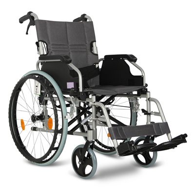 Deluxe Lightweight Self-Propelled Aluminium Wheelchair featuring large rear wheels with hand rims, foldable footrests, and a padded seat and backrest, displayed on a white background.