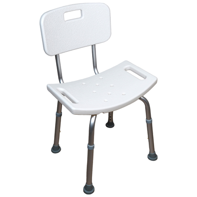 White plastic shower chair with a backrest, drainage holes, side handles, and metal legs with rubber tips.