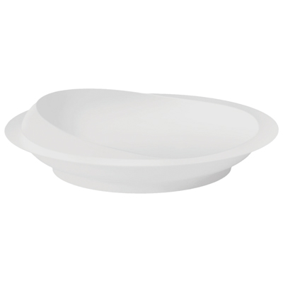 A white, shallow, oval-shaped bowl with a modern, asymmetrical rim design is shown against a plain background.