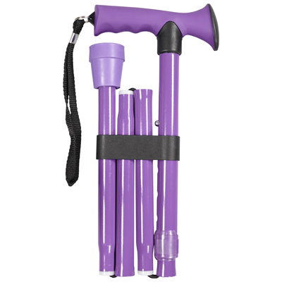 A purple folding walking stick with a curved handle, black wrist strap, and secured by a black strap for compact storage.
