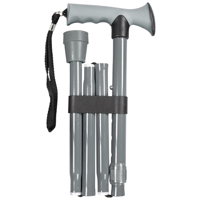 A grey, foldable walking stick with a curved handle and wrist strap, shown collapsed and secured with a black band.