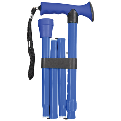 A blue folding walking stick with a black handle grip and wrist strap, shown collapsed and secured with a black strap.