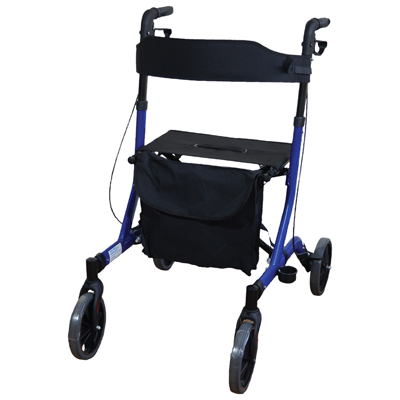 A blue rollator with four wheels, handlebars, a black seat, and a storage pouch underneath.