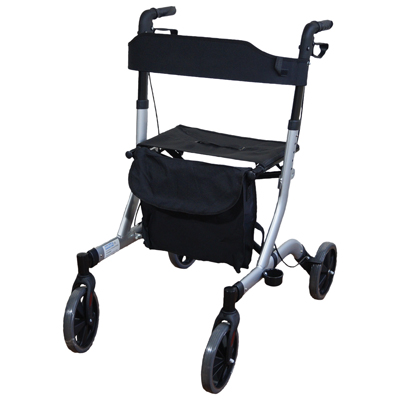 A lightweight, four-wheeled rollator walker with a built-in seat, storage pouch, and hand brakes.