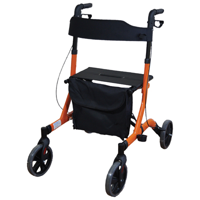 Orange four-wheeled rollator walker with black handles, a seat, a backrest, and a front pouch on a white background.