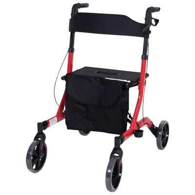 A red four-wheeled rollator with a black seat, storage pouch, and hand brakes.