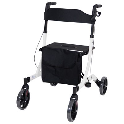 A four-wheeled mobility walking frame with a seat, black storage bag, and hand brakes, designed to assist walking.