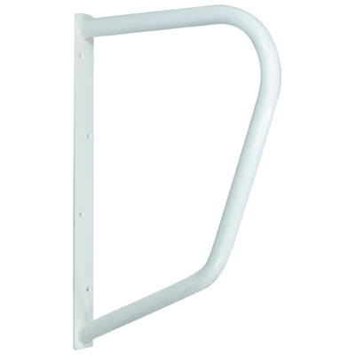 A white metal grab rail is mounted vertically to a wall, featuring a curved design with a flat base plate and multiple screw holes for installation.