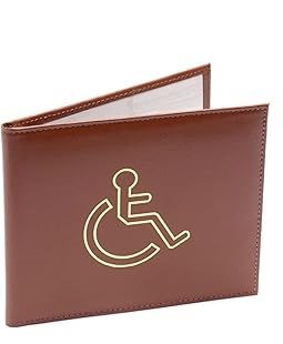 Brown leather wallet with a gold outline of a wheelchair accessibility symbol on the front.