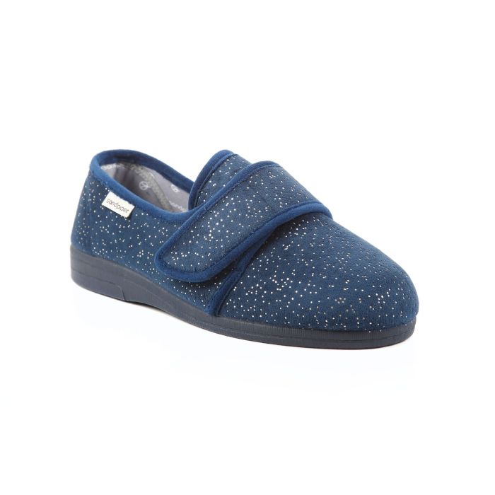 A single navy blue slipper with a hook-and-loop fastening and a pattern of small white dots, shown against a white background.