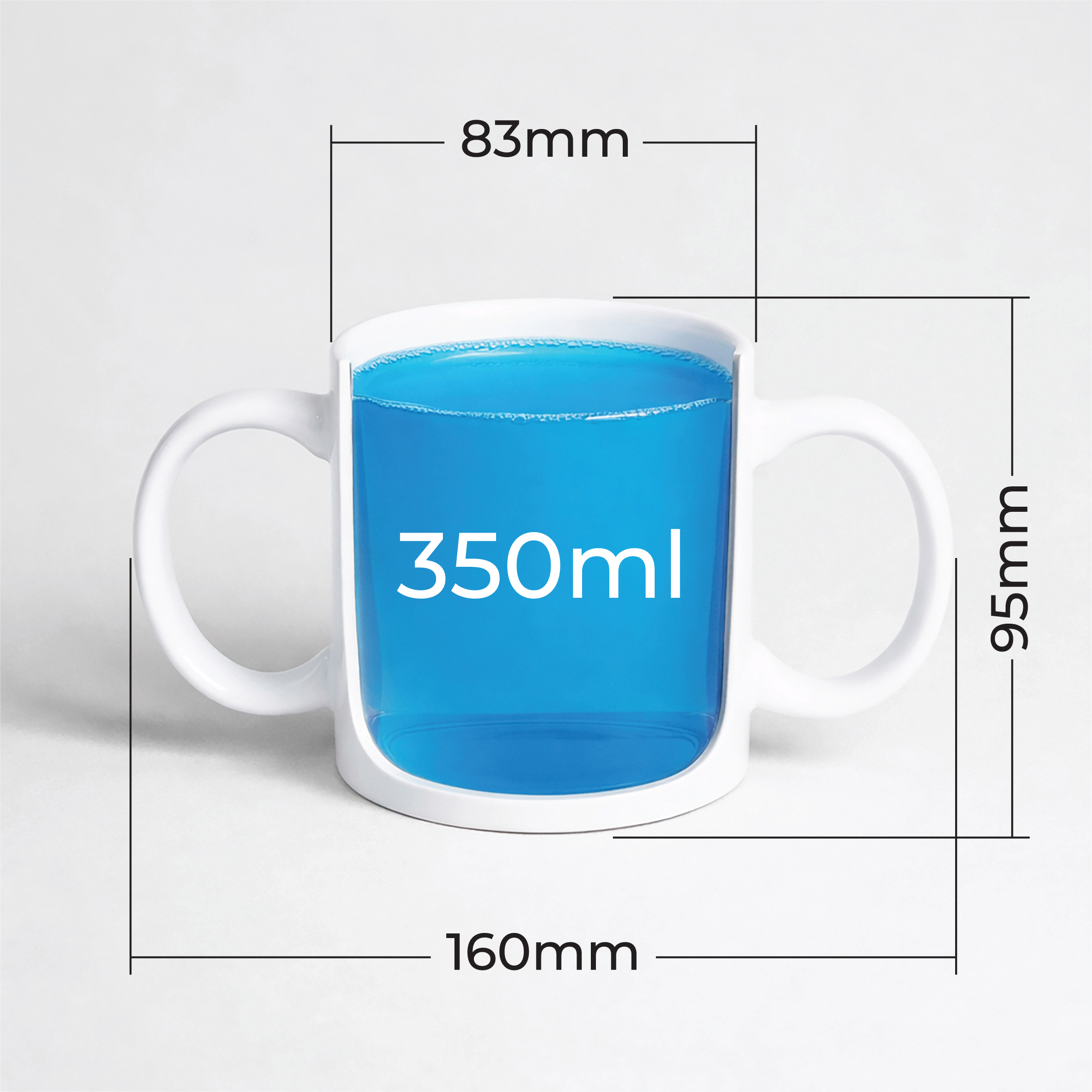 White mug with two handles, filled with blue liquid labelled "350ml." Mug dimensions: 83mm width, 95mm height, 160mm length including handles.
