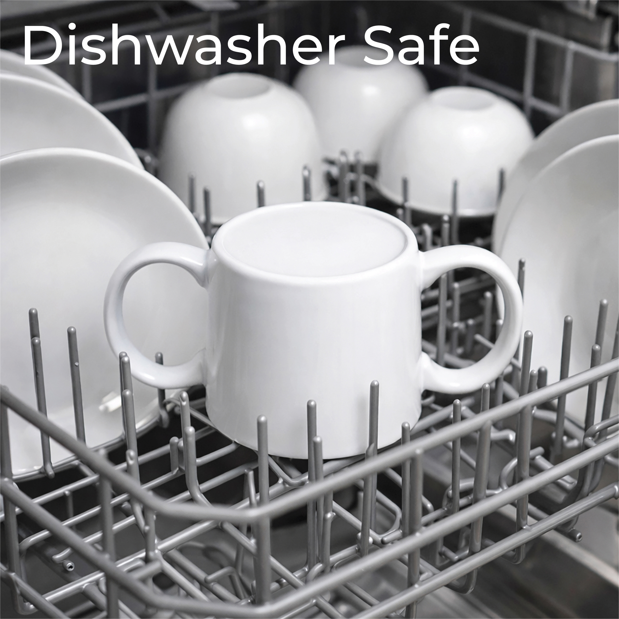 A white double-handled cup sits upright in a dishwasher rack among plates and bowls. The text “Dishwasher Safe” appears at the top.
