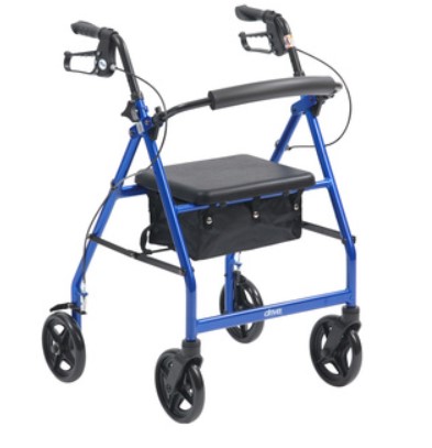 A blue four-wheeled rollator with a padded seat, storage pouch, hand brakes, and black handles.