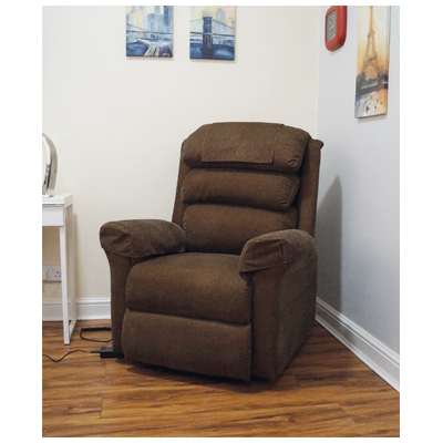 A brown recliner chair is placed in the corner of a room with wooden flooring, near a white desk and wall art.