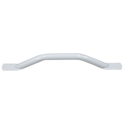 White metal handle with angled centre and two flat mounting plates on each end, each with two screw holes.