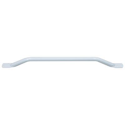 A white metal grab rail with angled ends and mounting plates, designed for wall installation.