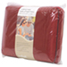 A packaged red throw blanket with a product label showing a person using the blanket.
