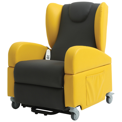 Yellow and black reclining chair with winged back, armrests, castors, side pocket, and a remote control placed on the seat.