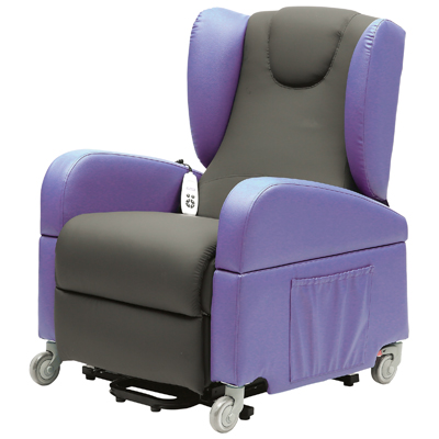 Reclining medical chair with black seat and purple upholstery, armrests, side pocket, castor wheels, and attached remote control.