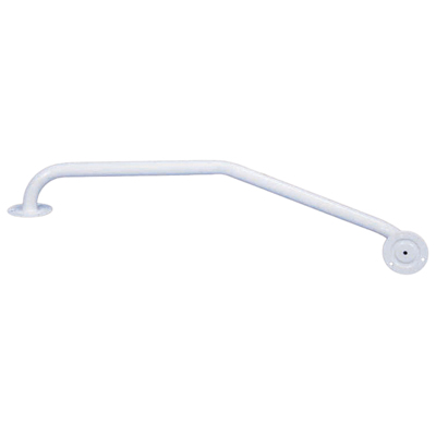 White metal grab rail with two mounting plates, designed for wall installation, featuring an angled shape for support and stability.