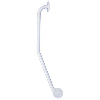 White metal grab rail with two mounting plates, designed for wall installation to provide support and stability.