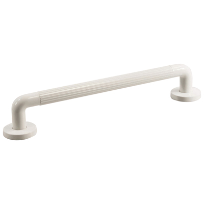White metal grab rail with a ribbed grip and two circular mounting plates, designed for wall installation to provide support and stability.